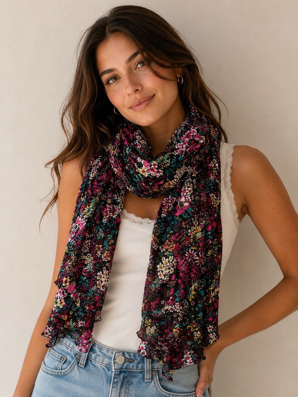 Vera Bradley Rayon Chiffon Floral Rectangle Scarf Wrap w/ Ruffle, Black